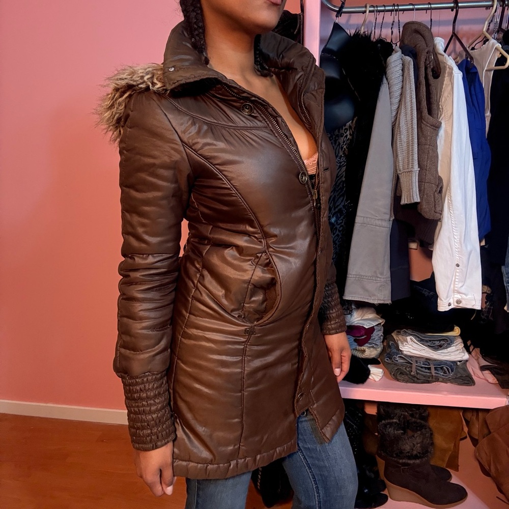 Miss sixty Brown Hooded Coat with Faux Fur Trim